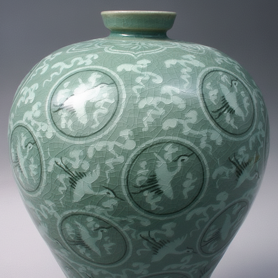 Replica of Goryeo (Korea) Celadon Inlaid Maebyeong with Cloud and Crane Design (National Treasure No. 68) - MEDIUM SIZE