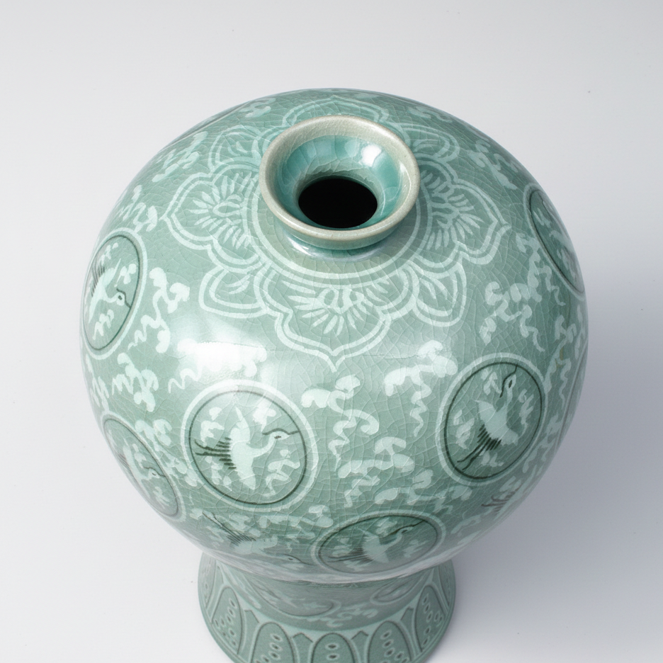 Replica of Goryeo (Korea) Celadon Inlaid Maebyeong with Cloud and Crane Design (National Treasure No. 68) - MEDIUM SIZE