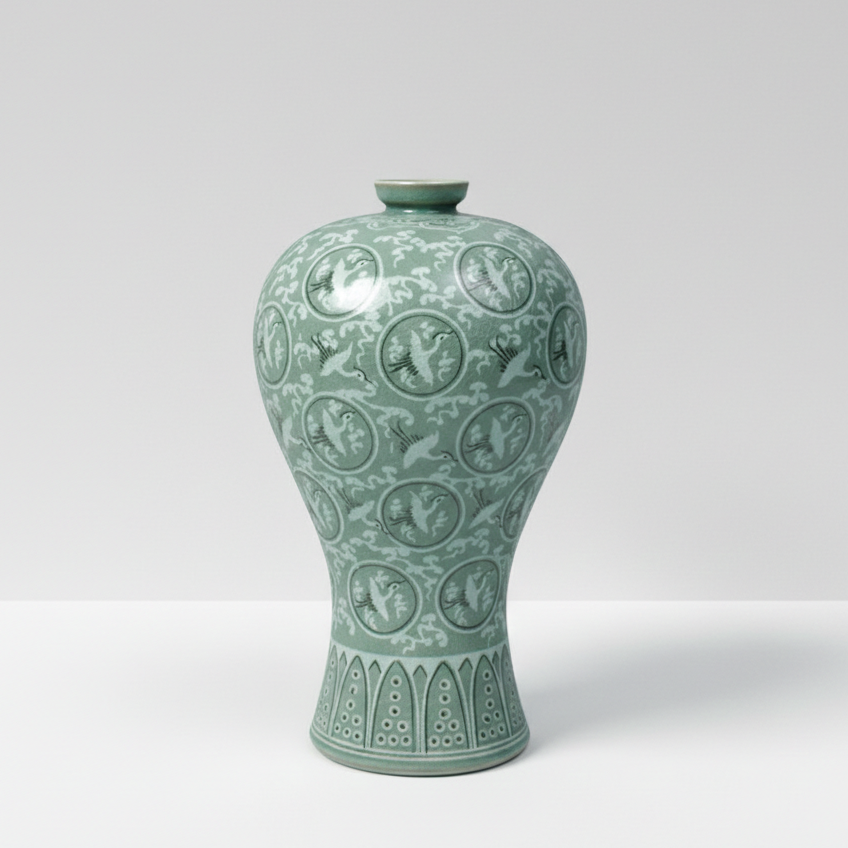Replica of Goryeo (Korea) Celadon Inlaid Maebyeong with Cloud and Crane Design (National Treasure No. 68) - MEDIUM SIZE