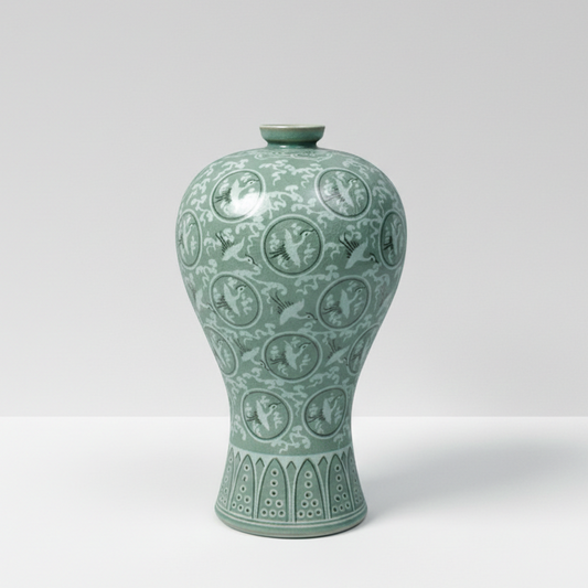Replica of Goryeo (Korea) Celadon Inlaid Maebyeong with Cloud and Crane Design (National Treasure No. 68) - MEDIUM SIZE